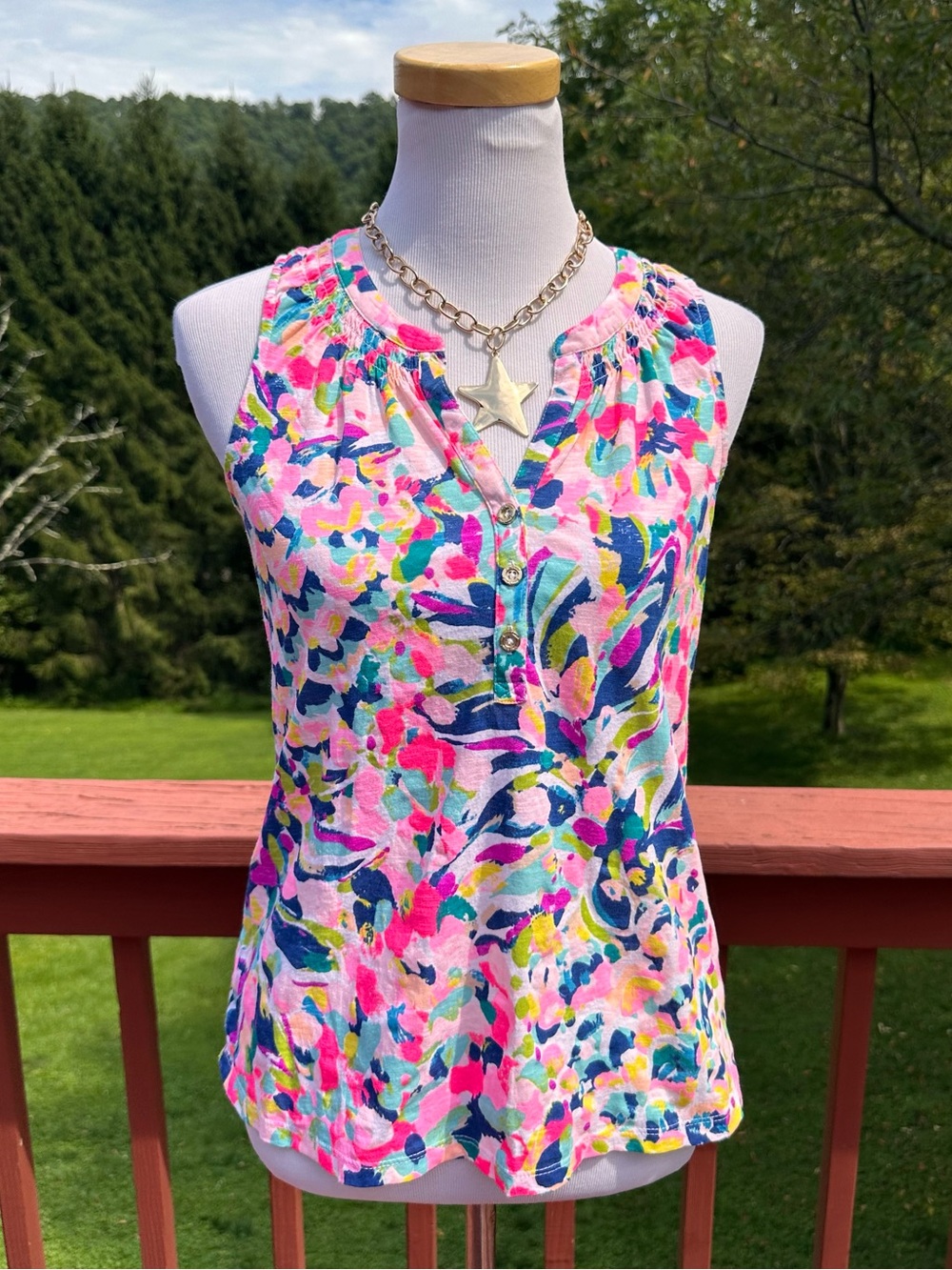 Lilly Pulitzer Pink Multi Floral Button Front Cotton Tank
